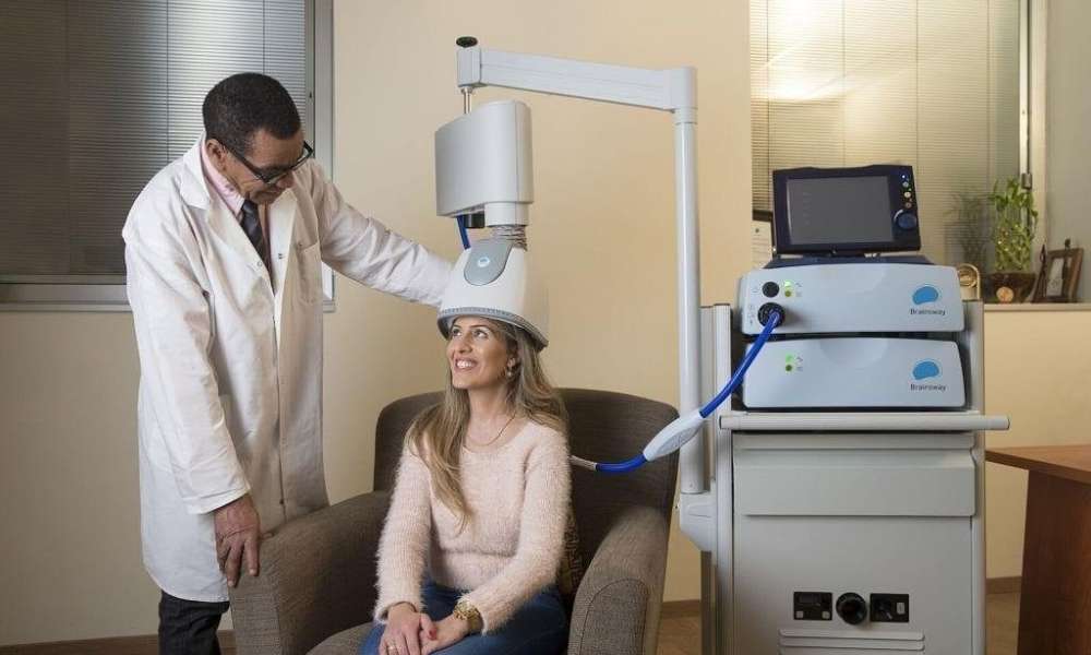Patient receiving brain stimulation therapy for improved mental health outcomes